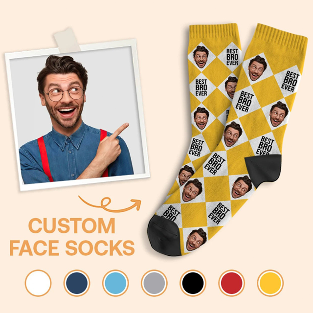 Picture of Custom Photo Face Socks with Text - Custom Plaid Socks - Gift for Couples and Family