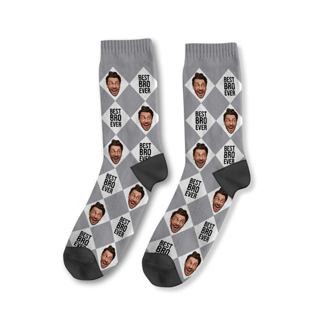 Picture of Custom Photo Face Socks with Text - Custom Plaid Socks - Gift for Couples and Family