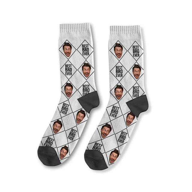 Picture of Custom Photo Face Socks with Text - Custom Plaid Socks - Gift for Couples and Family