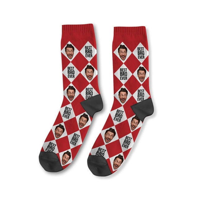 Picture of Custom Photo Face Socks with Text - Custom Plaid Socks - Gift for Couples and Family