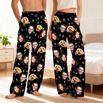 Picture of Custom Pajama Pants - Custom Face Christmas Pajama Pants - Colorful Lights