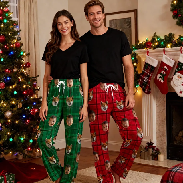 Picture of Personalized Christmas Pants - Custom Face Pattern Pajamas - Custom Pet Portrait Pajamas - Family Christmas Pants