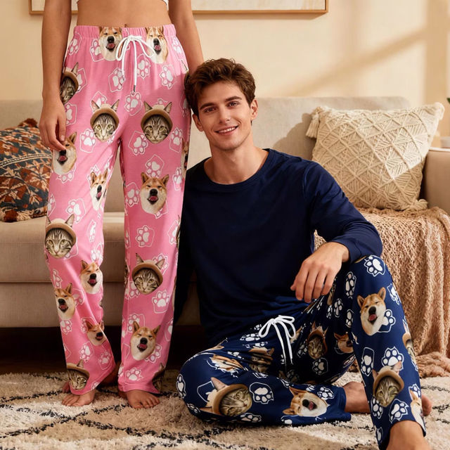 Picture of Custom Pajama Pants with Pet Faces - Personalized Pajama bottoms with Paws - Christmas Gift for Pet Person