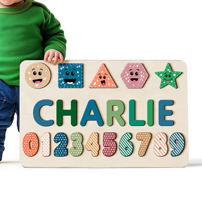 Picture of Personalized Wooden Puzzle Name Board - Graphics and Figures - Green and Blue Color - Custom Toy Gift for Baby Boy