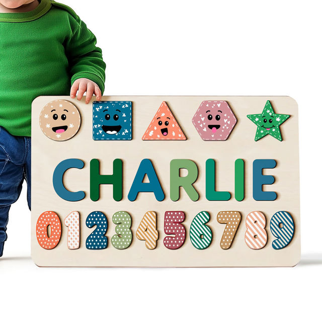 Picture of Personalized Wooden Puzzle Name Board - Graphics and Figures - Green and Blue Color - Custom Toy Gift for Baby Boy