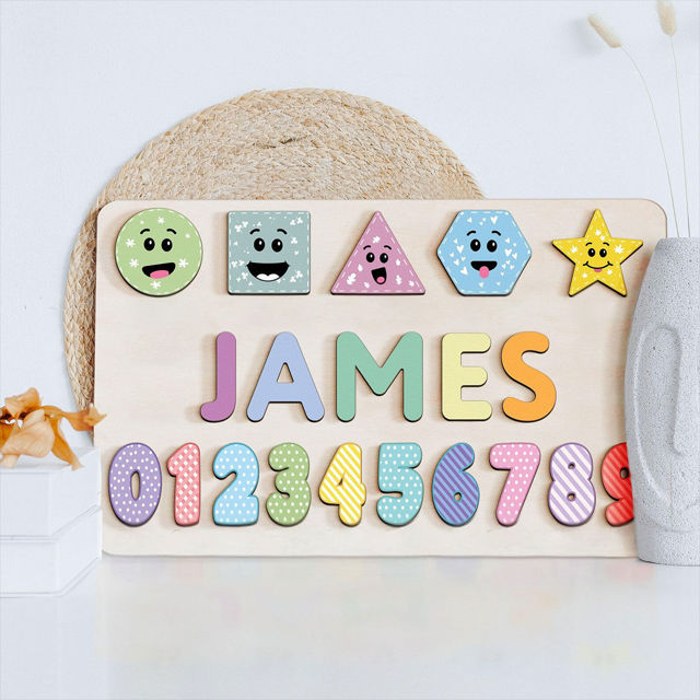 Picture of Personalized Wooden Puzzle Name Board - Graphics and Figures - Pastel Rainbow Color - Custom Toy Gift for Baby and Kids