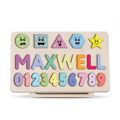 Picture of Personalized Wooden Puzzle Name Board - Graphics and Figures - Pastel Rainbow Color - Custom Toy Gift for Baby and Kids