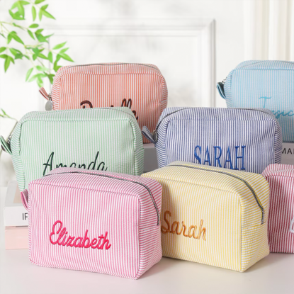 Picture of Custom Embroidered Striped Makeup Bag - Custom Seersucker Storage Makeup Bag - Personalized Travel and Business Travel Portable Storage Bag