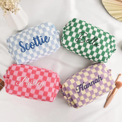 Picture of Custom Knitted Checkerboard Plaid Makeup Bag with Embroidered Name - Personalized Travel lettered Makeup Bag