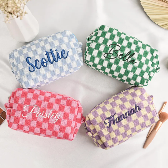 Picture of Custom Knitted Checkerboard Plaid Makeup Bag with Embroidered Name - Personalized Travel lettered Makeup Bag