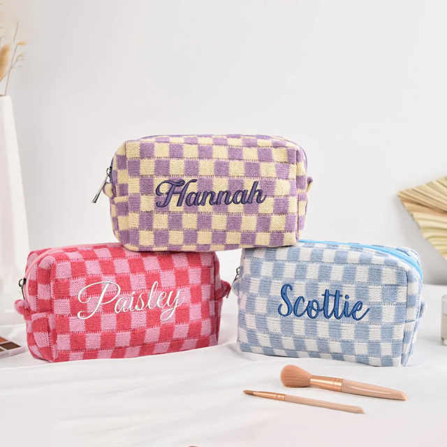 Picture of Custom Knitted Checkerboard Plaid Makeup Bag with Embroidered Name - Personalized Travel lettered Makeup Bag