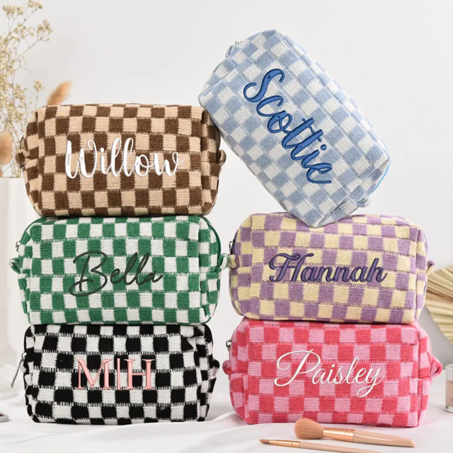 Picture of Custom Knitted Checkerboard Plaid Makeup Bag with Embroidered Name - Personalized Travel lettered Makeup Bag