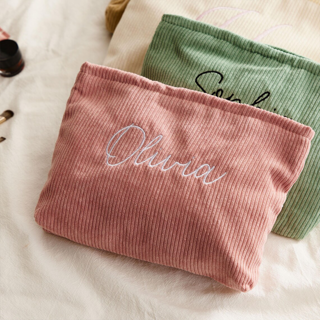 Picture of Embroidered Corduroy Makeup Bag - Bridesmaid Makeup Bag - Embroidered Toiletry Bag