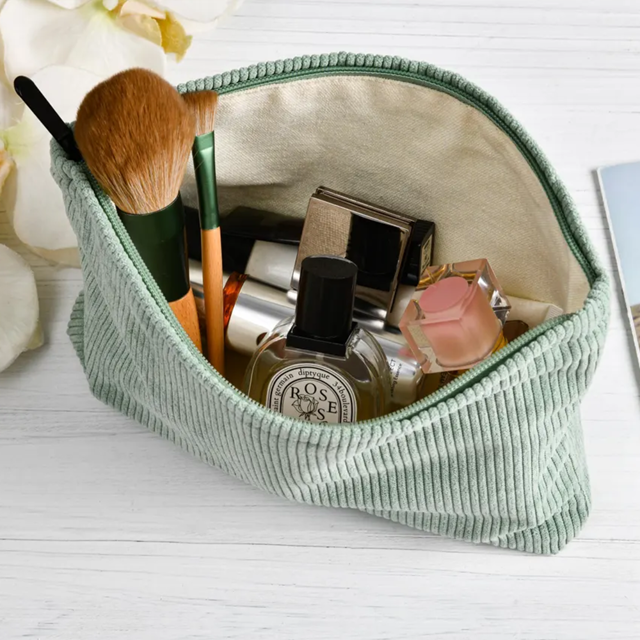 Picture of Embroidered Corduroy Makeup Bag - Bridesmaid Makeup Bag - Embroidered Toiletry Bag