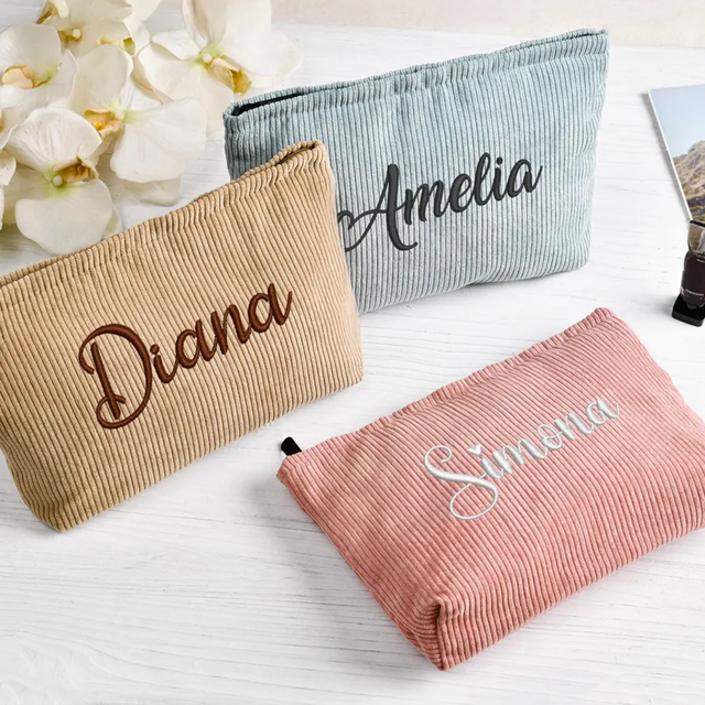 Picture of Embroidered Corduroy Makeup Bag - Bridesmaid Makeup Bag - Embroidered Toiletry Bag