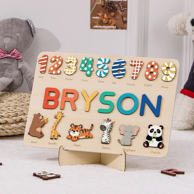 Picture of Personalized Wooden Puzzle Name Board with Cute Animals - Graphics and Figures - Rainbow Colors - Custom Toy Gift for Baby and Kids