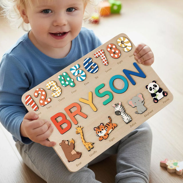 Picture of Personalized Wooden Puzzle Name Board with Cute Animals - Graphics and Figures - Rainbow Colors - Custom Toy Gift for Baby and Kids