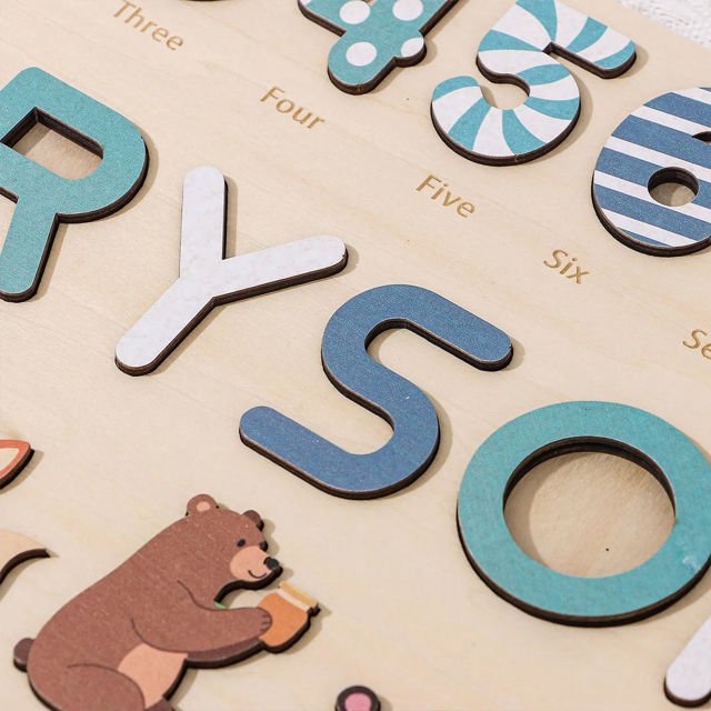 Picture of Personalized Wooden Puzzle Name Board with Cute Animals - Graphics and Figures - Rainbow Colors - Custom Toy Gift for Baby and Kids