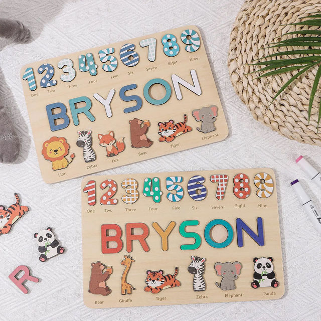 Picture of Personalized Wooden Puzzle Name Board with Cute Animals - Graphics and Figures - Rainbow Colors - Custom Toy Gift for Baby and Kids