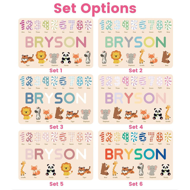 Picture of Personalized Wooden Puzzle Name Board with Cute Animals - Graphics and Figures - Rainbow Colors - Custom Toy Gift for Baby and Kids