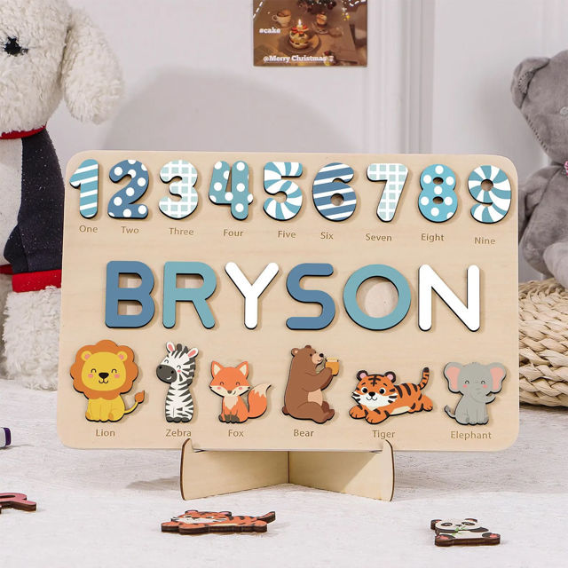Picture of Personalized Wooden Puzzle Name Board with Cute Animals - Graphics and Figures - Rainbow Colors - Custom Toy Gift for Baby and Kids