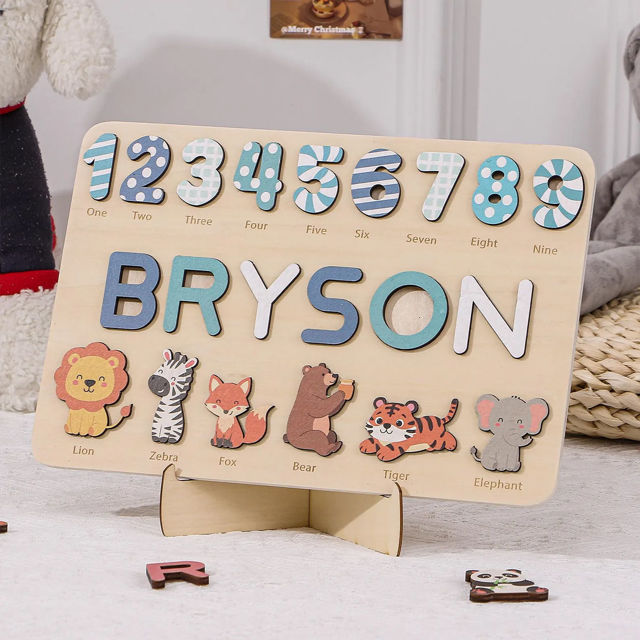 Picture of Personalized Wooden Puzzle Name Board with Cute Animals - Graphics and Figures - Rainbow Colors - Custom Toy Gift for Baby and Kids