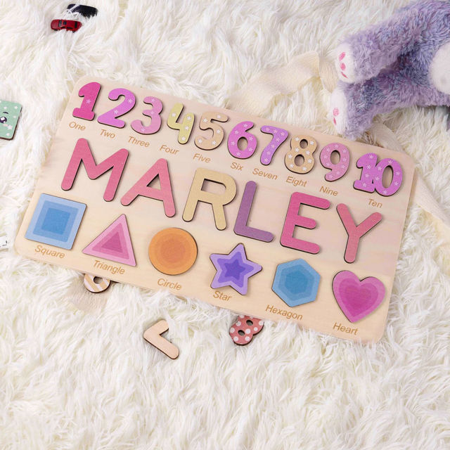 Picture of Personalised Wooden Puzzle Name Board - Graphics and Figures - Rainbow Colors - Custom Toy for Kids