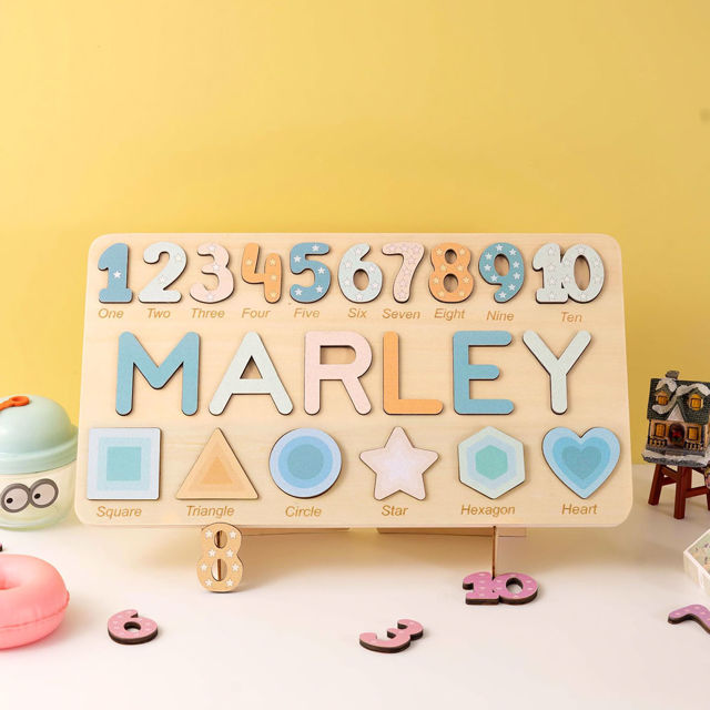 Picture of Personalised Wooden Puzzle Name Board - Graphics and Figures - Rainbow Colors - Custom Toy for Kids