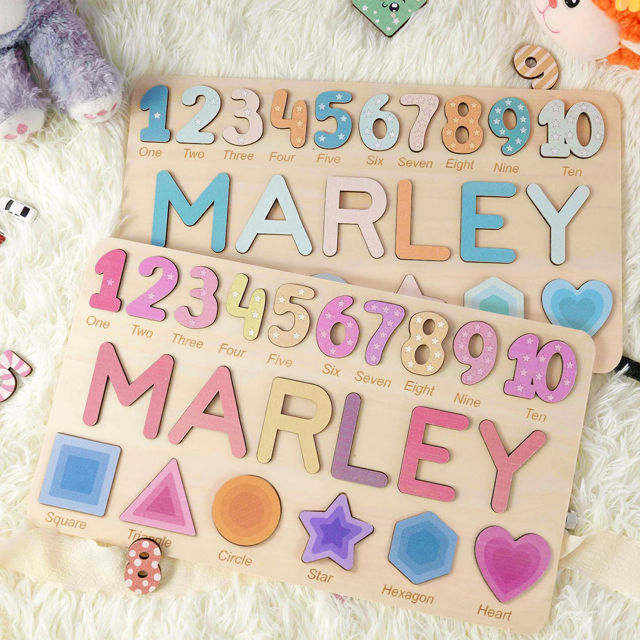 Picture of Personalised Wooden Puzzle Name Board - Graphics and Figures - Rainbow Colors - Custom Toy for Kids