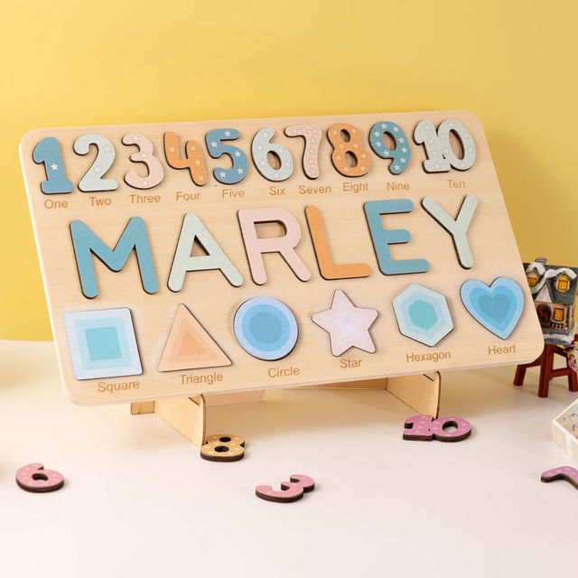 Picture of Personalised Wooden Puzzle Name Board - Graphics and Figures - Rainbow Colors - Custom Toy for Kids