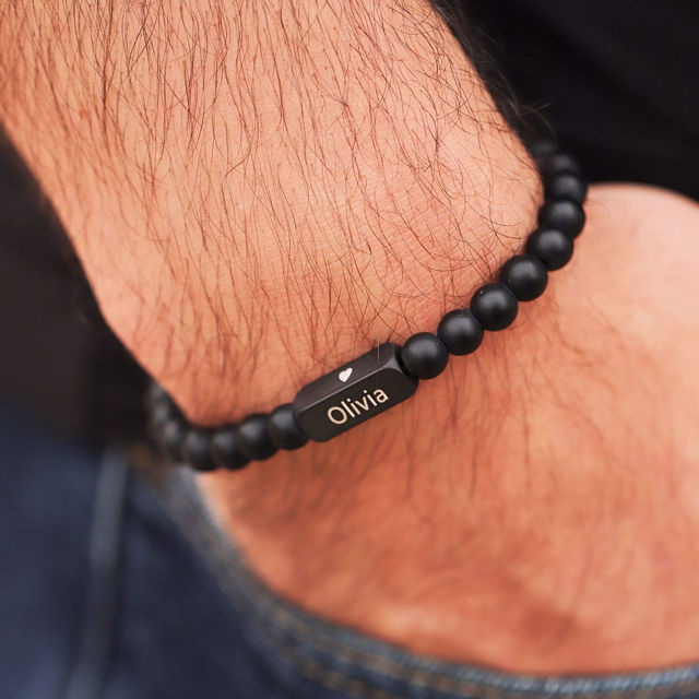 Picture of Personalized beads Bracelets with Name - Valentine's Day Gift for Him - Custom Black Agate beads Bracelet