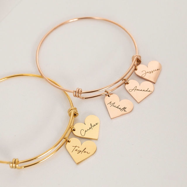 Picture of Custom Stainless Steel Bracelet - Engraved Adjustable Bracelet with Heart Shaped Pendants - Valentine's Day Gift - Mother's Day Gift