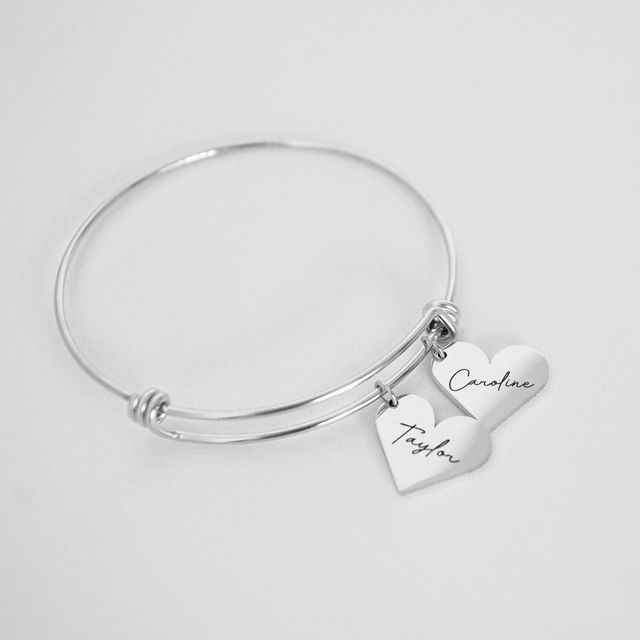 Picture of Custom Stainless Steel Bracelet - Engraved Adjustable Bracelet with Heart Shaped Pendants - Valentine's Day Gift - Mother's Day Gift