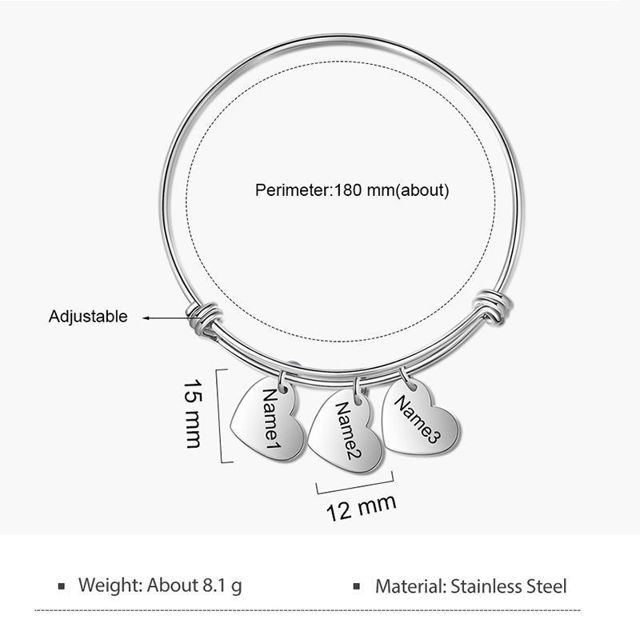 Picture of Custom Stainless Steel Bracelet - Engraved Adjustable Bracelet with Heart Shaped Pendants - Valentine's Day Gift - Mother's Day Gift