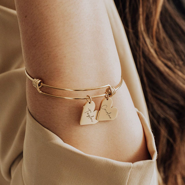 Picture of Custom Stainless Steel Bracelet - Engraved Adjustable Bracelet with Heart Shaped Pendants - Valentine's Day Gift - Mother's Day Gift