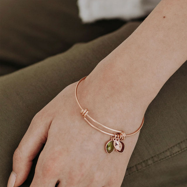 Picture of Custom Initial Bracelet with Birthstones - Mini Leaves Monogram Bracelet - Custom Engraved Bracelet - Valentine's Day Gift Her
