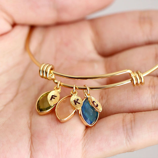 Picture of Custom Initial Bracelet with Birthstones - Mini Leaves Monogram Bracelet - Custom Engraved Bracelet - Valentine's Day Gift Her