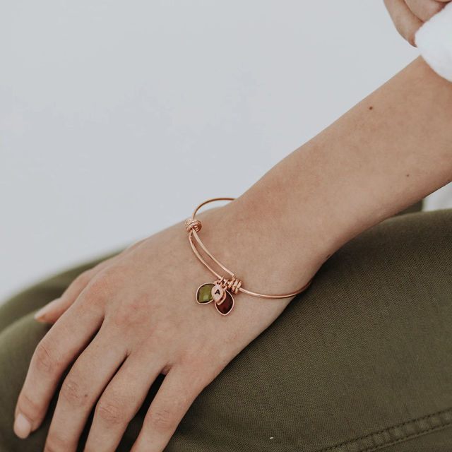 Picture of Custom Initial Bracelet with Birthstones - Mini Leaves Monogram Bracelet - Custom Engraved Bracelet - Valentine's Day Gift Her