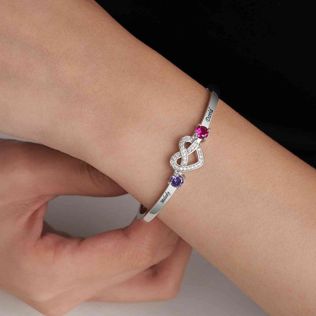 Picture of Custom Copper Bracelet with Birthstones and Names - Custom Engraved Cuff Bracelet - Valentine's Day Gift Her