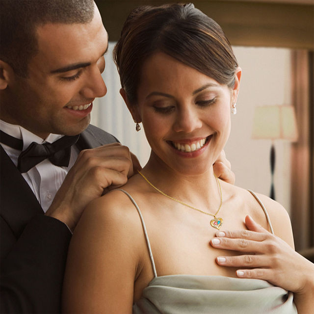 Picture of Custom Heart Shaped Necklace with Birthstones - Personalized Valentine's Day Necklace with Names - Gift for Her