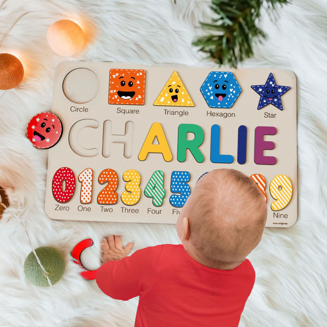 Picture of Personalized Wooden Puzzle Name Board - Graphics and Figures - Rainbow Colors - Personalized Toy Gift for Baby and Kids