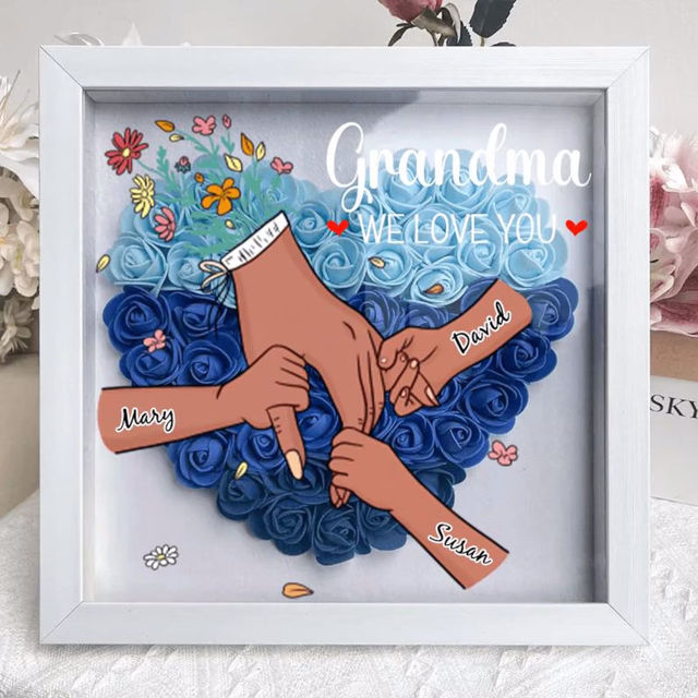 Picture of Personalized Mom Flower Shadow Box - Custom Mom's Rose Frame Box - Black Hand Holding Small Hands - Personalized Birthday and Mother's Day Gift for Mom