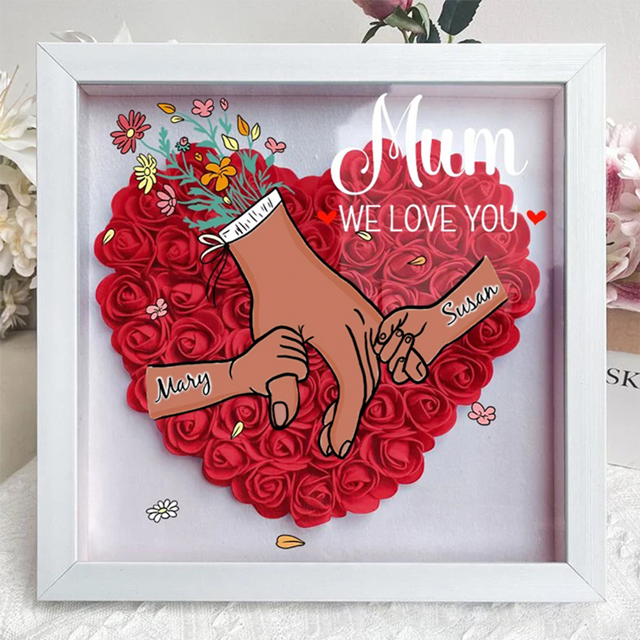 Picture of Personalized Mom Flower Shadow Box - Custom Mom's Rose Frame Box - Black Hand Holding Small Hands - Personalized Birthday and Mother's Day Gift for Mom