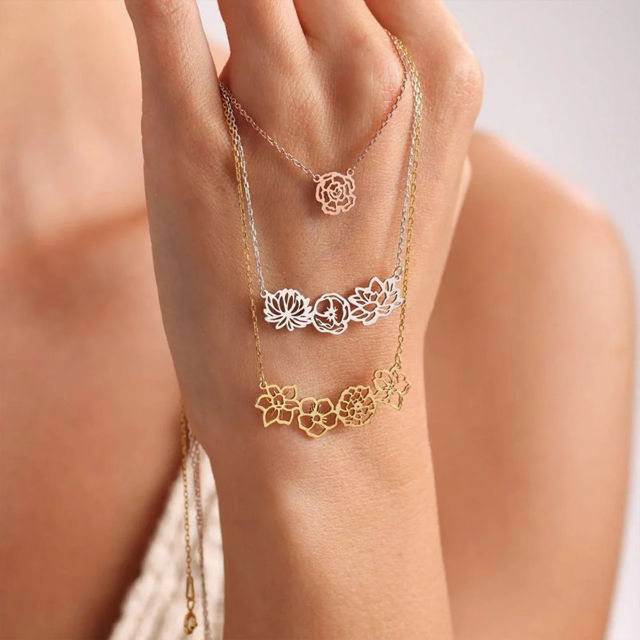 Picture of Personalized Birth Month Flower Necklace -  Month Flower Charm Stainless Steel Necklace - Mothers Day Gifts