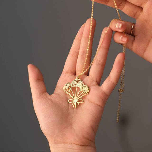 Picture of Custom Birth Flower Necklace - Personalized Necklaces w/ 1-5 Birth Flowers - Custom Stainless Steel Necklace - Wedding Bridesmaid Gift