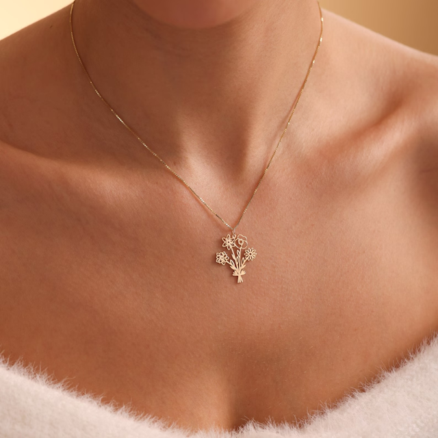 Picture of Custom Birth Flower Necklace - Personalized Necklaces w/ 1-5 Birth Flowers - Custom Stainless Steel Necklace - Wedding Bridesmaid Gift