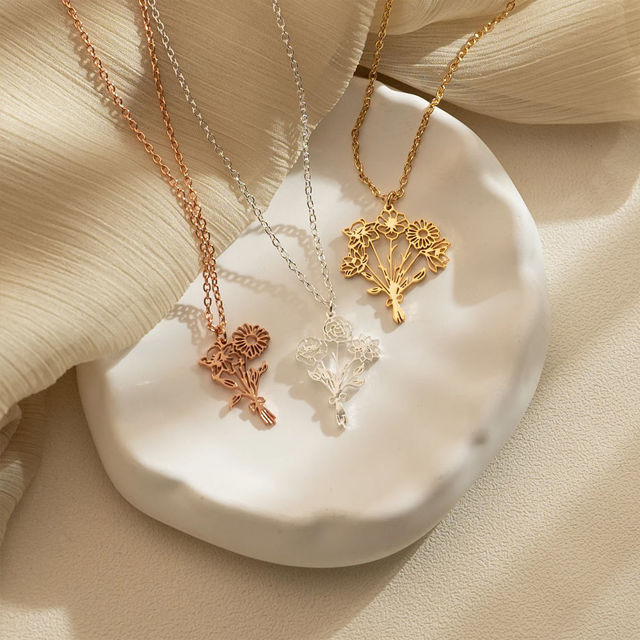 Picture of Custom Birth Flower Necklace - Personalized Necklaces w/ 1-5 Birth Flowers - Custom Stainless Steel Necklace - Wedding Bridesmaid Gift