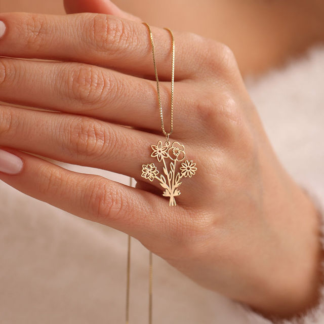Picture of Custom Birth Flower Necklace - Personalized Necklaces w/ 1-5 Birth Flowers - Custom Stainless Steel Necklace - Wedding Bridesmaid Gift