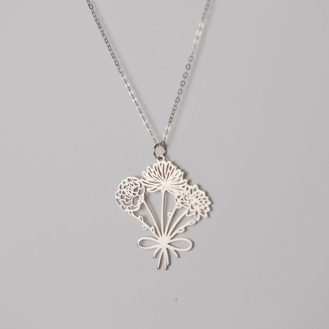 Picture of Custom Birth Flower Necklace - Personalized Necklaces w/ 1-5 Birth Flowers - Custom Stainless Steel Necklace - Wedding Bridesmaid Gift