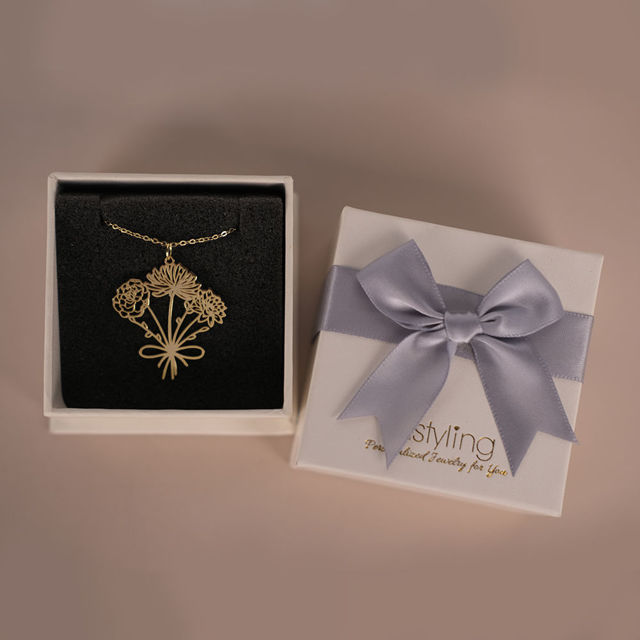 Picture of Custom Birth Flower Necklace - Personalized Necklaces w/ 1-5 Birth Flowers - Custom Stainless Steel Necklace - Wedding Bridesmaid Gift